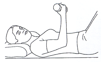 Person lay flat on back lifting small weight held in hand 
