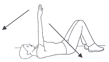 Person lay flat on back knees bent feet flat on floor raising arm up and over head. Arrows indicate movement