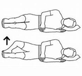Person lay on side head supported by arm knees bent. Top knee is raised and lowered. Arrow indicates movement