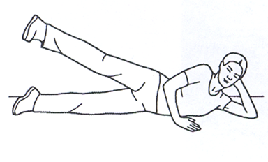 Person lay on side head supported by arm knees bent. Top leg is raised and lowered. Arrow indicates movement