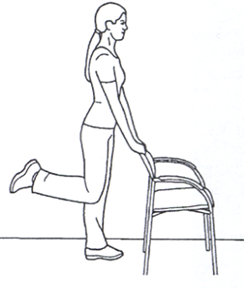 Person holding chair back extending bent leg to rear