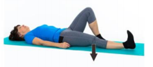 Person laying with both legs flat on the ground with one knee lifted and foot flat on ground while other leg is straight with flexed foot and back of knee pushing down into ground as indicated by a black arrow