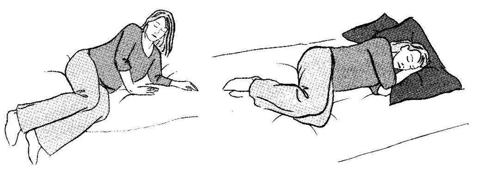An individual lay on a bed on their side  using forearms and hand to support themselves into a lying on their side position