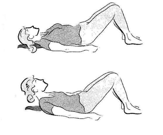 An individual lay flat on back with head supported on a pillow and knees bent, feet are flat on floor or surface.  in a second image head is lifted a little way off the pillow