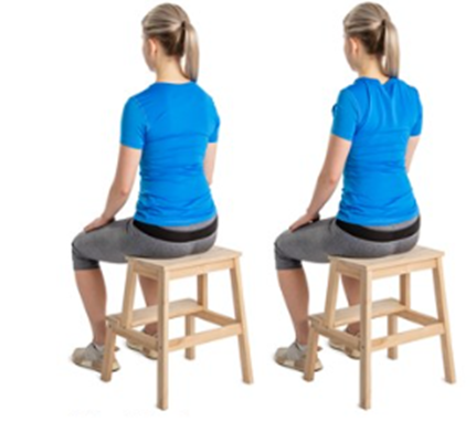 Image of person sitting on a stool with relaxed back then pulling shoulder blades back and down
