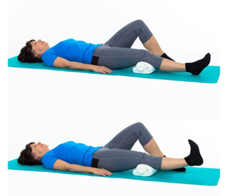 An individual laying on the ground with one knee raised whilst the other knee is supported by a rolled up towel. A second image shows the supported legs foot being lifted off the ground 