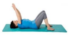 Image of person lying on back on floor knees bent and feet flat on floor using good arm to lift operated arm as high as comfortable