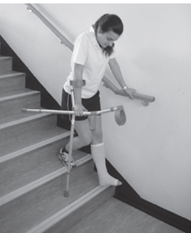 An individual preparing to walk down a step using one crutch and stair rail but carrying the other crutch whilst holding the usable crutches handle their weight is on the crutch and stair rail 