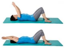Image of person lying on back on floor knees bent and feet flat on floor using good arm to lift operated arm as high as comfortable