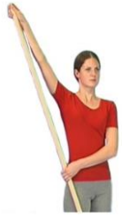 Image of person holding broomstick with operated arm hand over end and other hand three quarters of way down stick use stick to push hand up