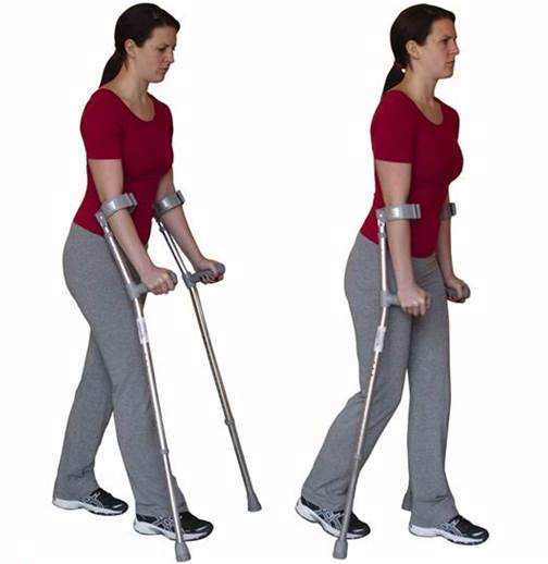 Person using crutches bringing both forward, placing on ground and moving through