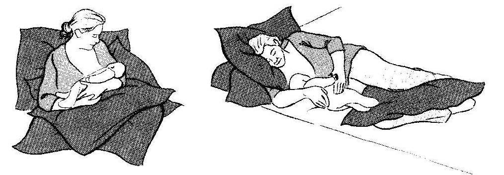 An individual sitting upright in a bed holding a feeding baby pillows are stacked on lap to support the baby at chest height
A second image shows an individual lying on side in a bed with a feeding baby lying next to them a pillow between knees