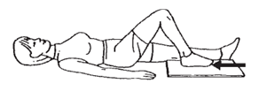 Person laying with both legs flat on the ground with one knee lifted and foot flat on ground while other leg is off ground on a slippery surface foot moved back and to front 