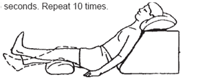 Person with back and head supported in seated position a towel is rolled and placed behind knees heel raising and lowering