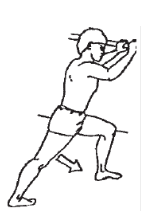 Person braced against wall with feet a stride apart front leg bent back leg straight stretching calf