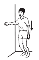 Person holding wall for support slight bend in both knees