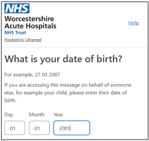 A screen shot showing an example of the date of birth question on the online health questionnaire