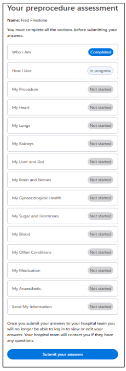 A screen shot showing an example of the question sections on the online health questionnaire. One is completed. One is in progress. Others are not started. 