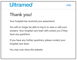 A screen shot showing an example of the Thank you! Assessment received message in on the online health questionnaire