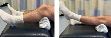 A person lying on their back with a rolled-up towel behind their knees, then pushing their knees backwards into the towel.