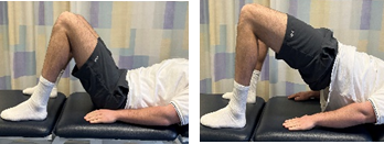 A person lying on their back with their knees bent, and then pushing themselves up with their legs.