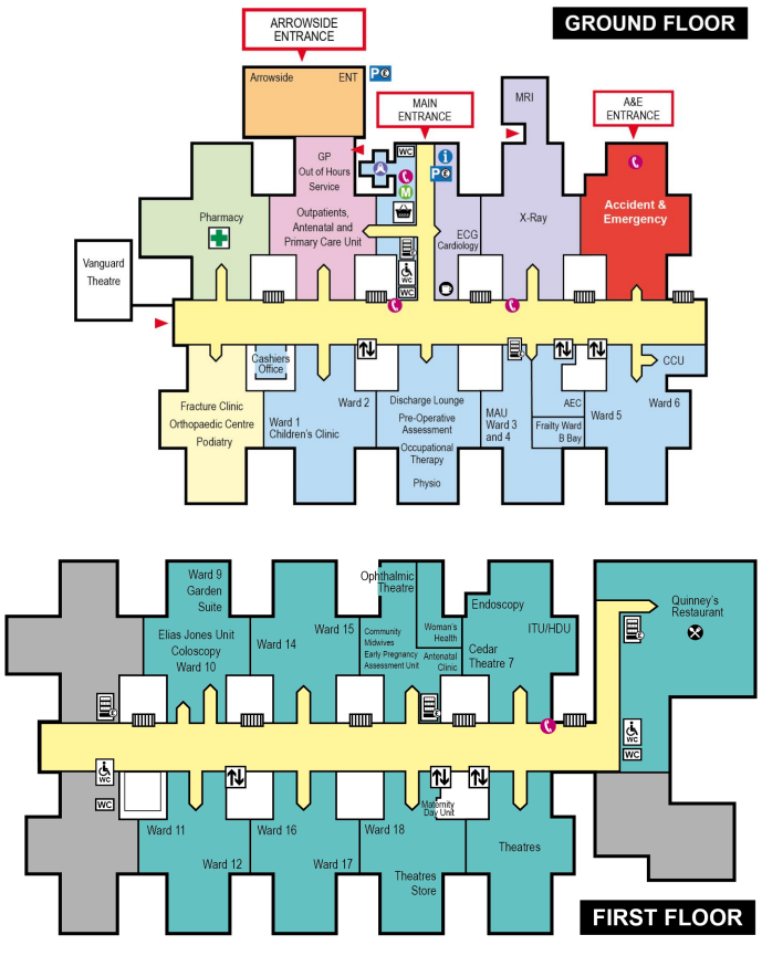 Ground and first floor layout of Alexandra Hospital showing patient areas