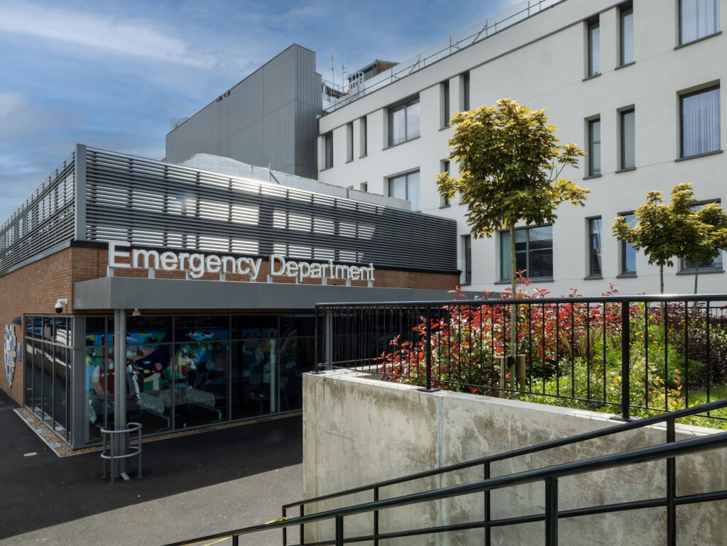 Photograph showing outside the Emergency Department building at Worcestershire Royal