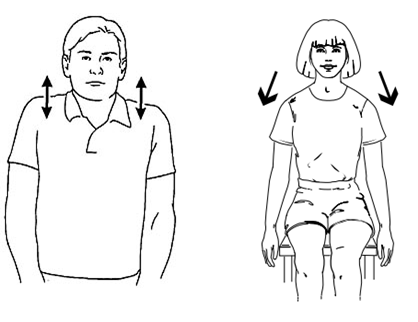 A diagram of upper body front on showing shoulder being shrugged up and down. A second diagram shows an individual sat on a chair pushing shoulders down and away from their neck