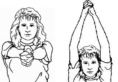A diagram of an individual clasping their hands out in front of them using good arm to help lift affected arm up and overhead 