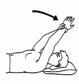 A diagram of an individual  laying down and clasping their affected arms' wrist by the other hand using good arm to help lift affected arm up and overhead 
