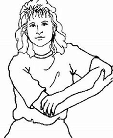 A diagram of an individual using good arm to support affected arm like a cradle and lifting affected arm out to the side