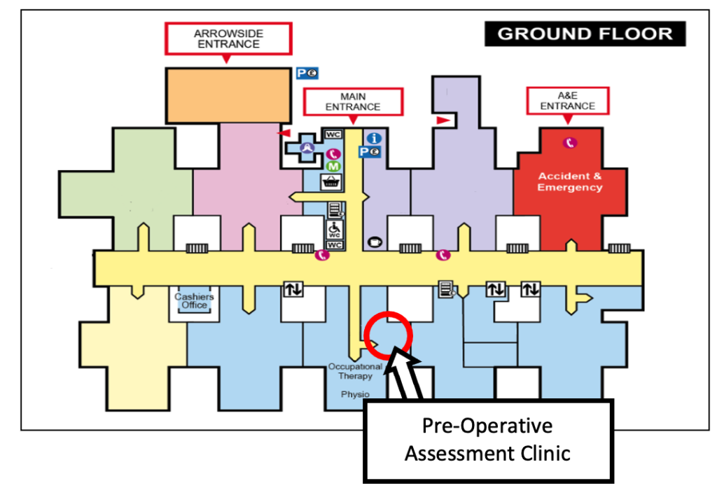 A map of Alexandra Hospital highlighting the pre-op assessment clinic