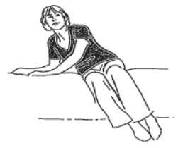 Person getting out of bed by rolling onto side and pushing up from arms.  Legs dropped as feet go to floor.