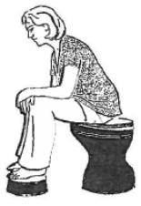 Person sat on toilet with feet raised on a footstool