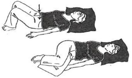 Person lay flat on back, head supported by a pillow, knees bent. Arrows show lower abdominal muscles being pulled in. 
Image 2 shows a spinal twist where legs are dropped over to one side but upper back remains flat on floor