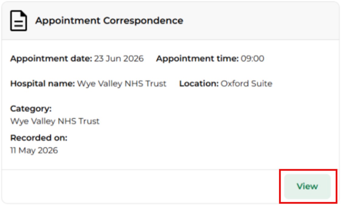 A screengrab of how patient letters appear in the patient portal with the 'view' button highlighted to demonstrate what to press to view the letter.