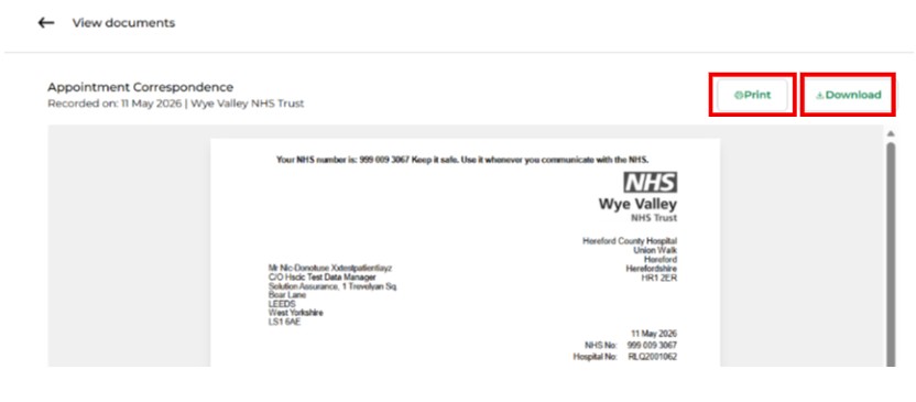 A screengrab of the patient portal showing a patient letter, with the print and download buttons highlighted in red, showing how to print or download the document.