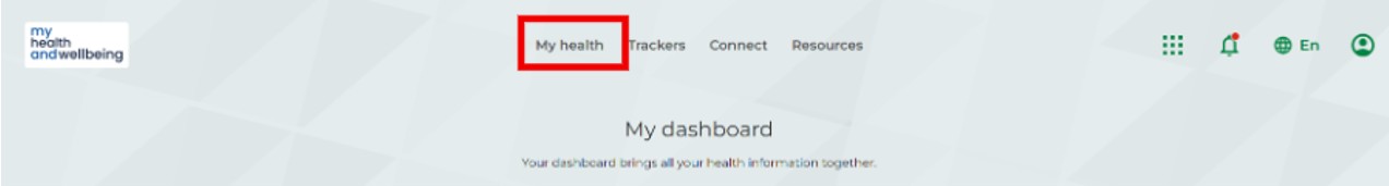 A screenshot of the patient portal with the 'my health' tab highlighted in red.