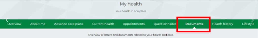 A screenshot of the patient portal with the documents tab highlighted in red.