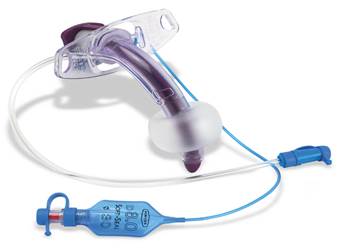 An image of a tracheostomy tube with cuff and suction port.
