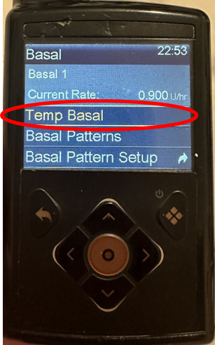 Image of a Medtronic 780G pump screen with a red circle showing Temp Basal