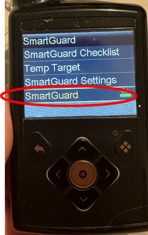 Photo of the Medtonic 780G screen, red circle shows SmartGuard with green toogle