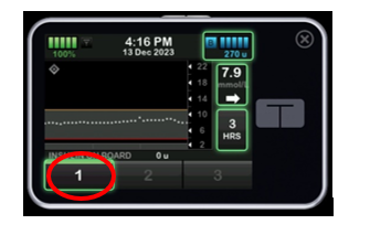 Image of the Tandem t:slim pump screen with a red circle showing the number 1