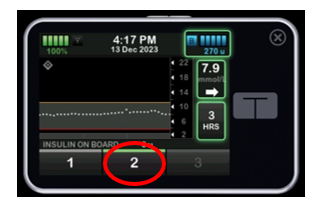 Image of the Tandem t:slim pump screen with a red circle showing the number 2