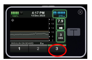 Image of the Tandem t:slim pump screen with a red circle showing the number 3