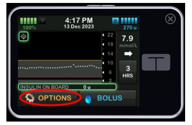 Image of the Tandem t:slim pump screen with a red circle showing Options