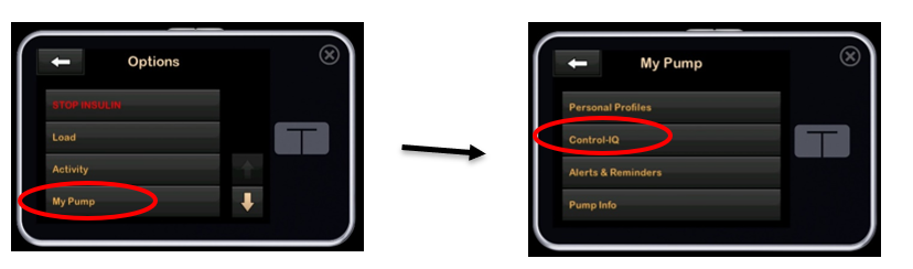 Image of two Tandem t:slim pump screens showing the following steps