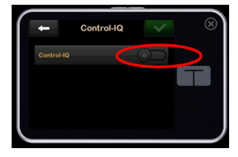 Image of the Tandem t:slim pump screen with a red circle showing toggle being grey/dark