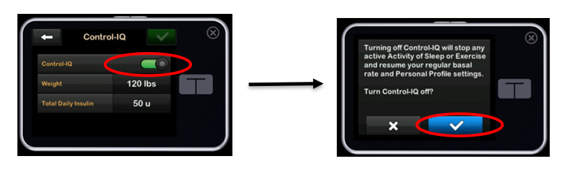 Image of two Tandem t:slim pump screens showing the following steps