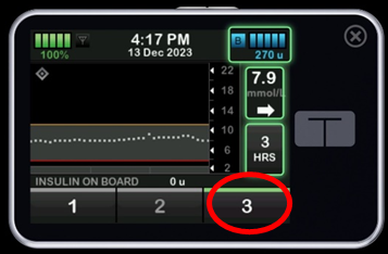 Photo of the Tandem t:slim screen, red circle shows 3